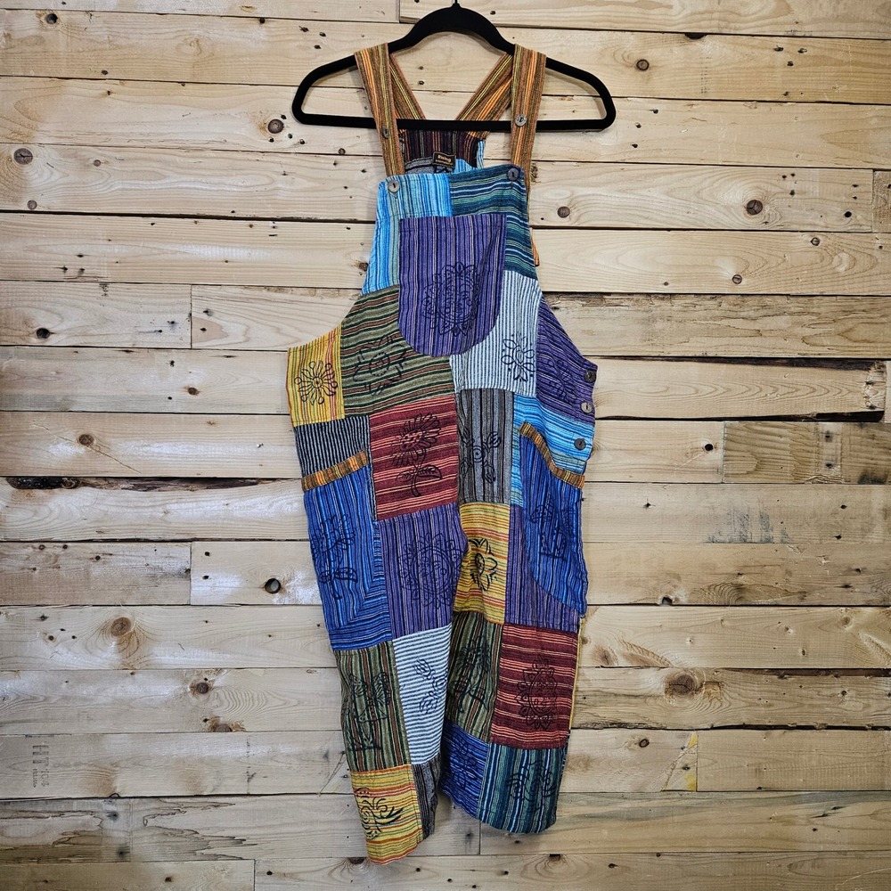 Rising International Nepal Cotton Patchwork Overalls Boho Hippie Multi Medium